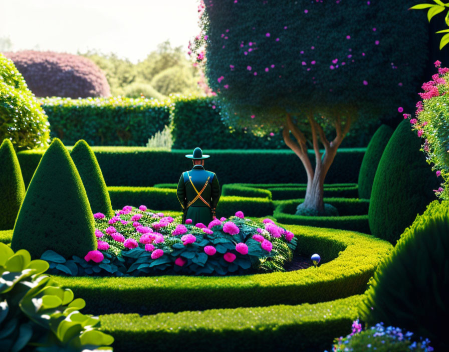 Person tending vibrant garden with sculpted hedges and colorful flowers