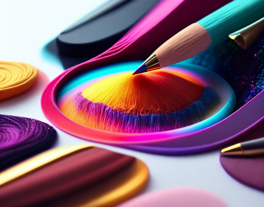 Vibrant Makeup Brushes & Palettes on White Surface