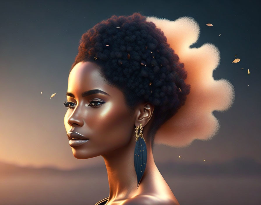 Digital artwork: Woman with afro transitioning into cloud, leaves dispersing, sunset background.