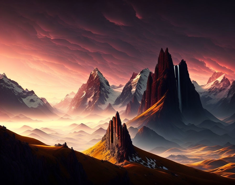 Dramatic red sky over majestic mountain peaks