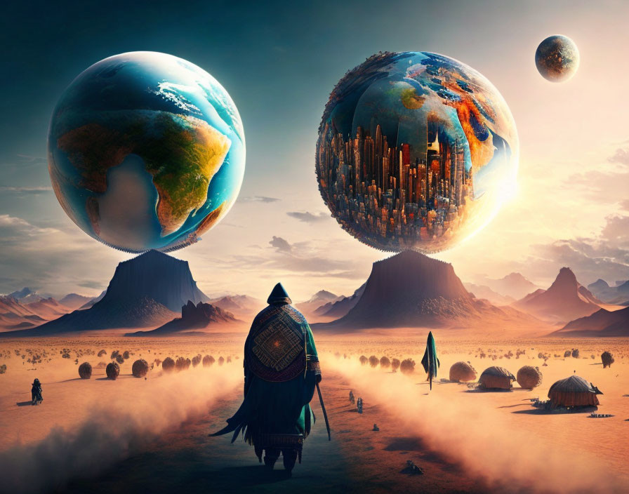 Surreal landscape with massive Earth-like spheres above a desert and cloaked figure walking towards traditional h