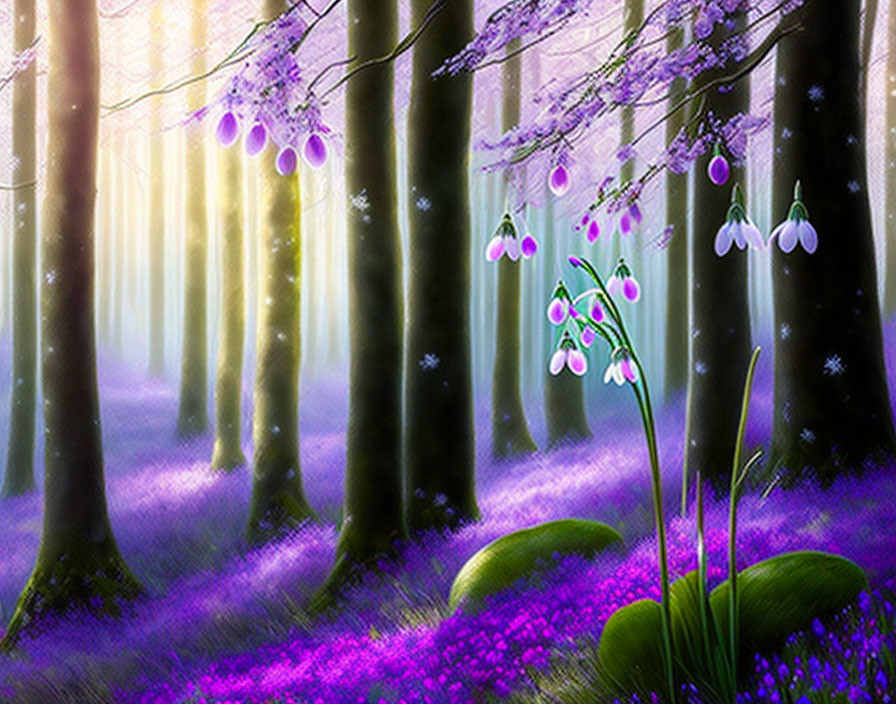 Enchanting forest scene with purple hues and sunlight filtering through trees