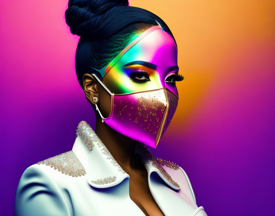 Stylish updo woman with sparkling mask on multicolored background