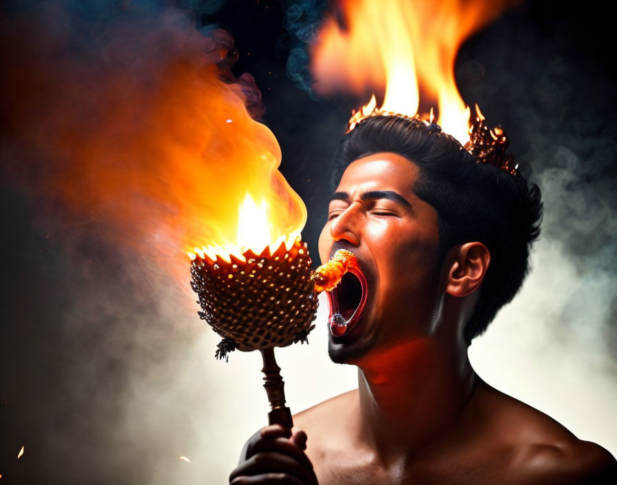 Fire Breather Performing with Flames and Lit Torch on Dark Background