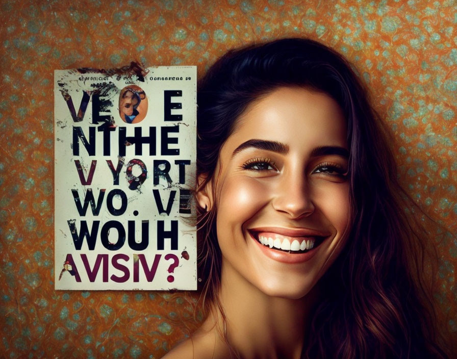 Dark-haired woman with beauty mark holding eye chart on textured background