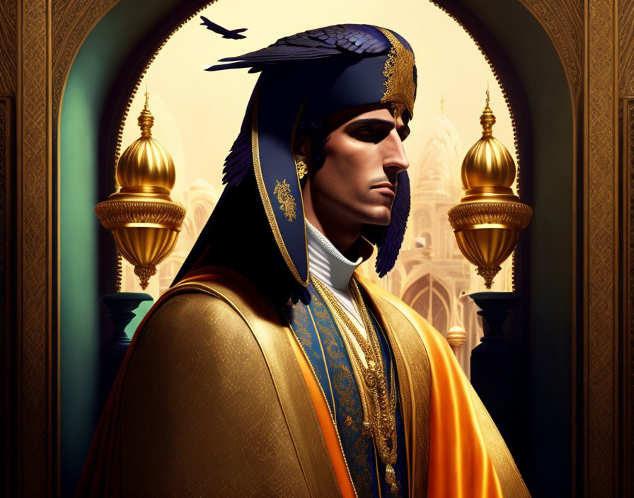 Regal figure in turban and robes with raven against Middle-Eastern backdrop