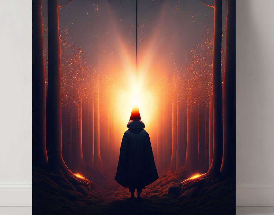 Person in Red Hat Standing Before Illuminated Doorway to Ethereal Forest