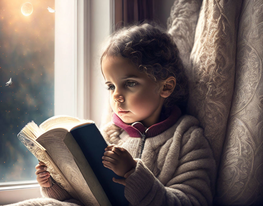 Curly-Haired Child Reading Book by Sunlit Window