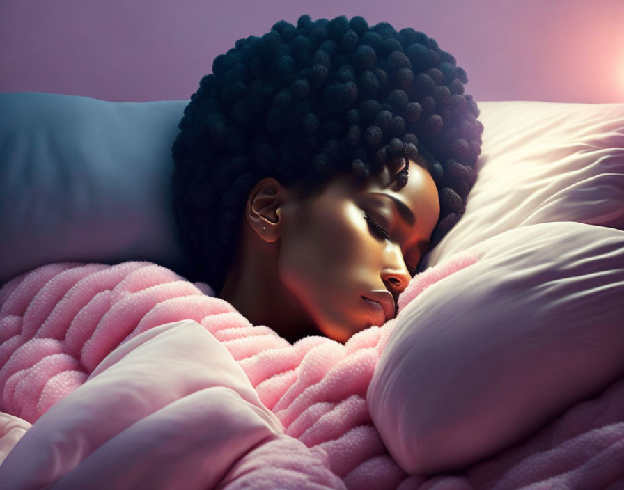 Person with Voluminous Curly Hair Sleeping Peacefully in Soft Pink Blanket