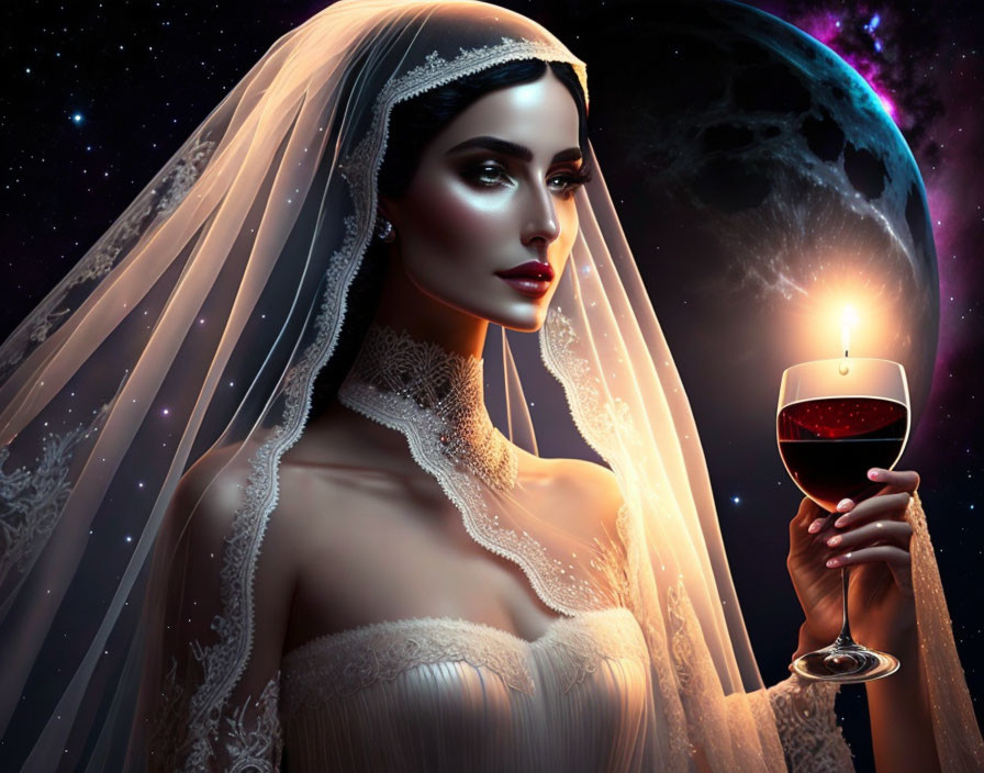 Veiled bride with wine glass in cosmic setting