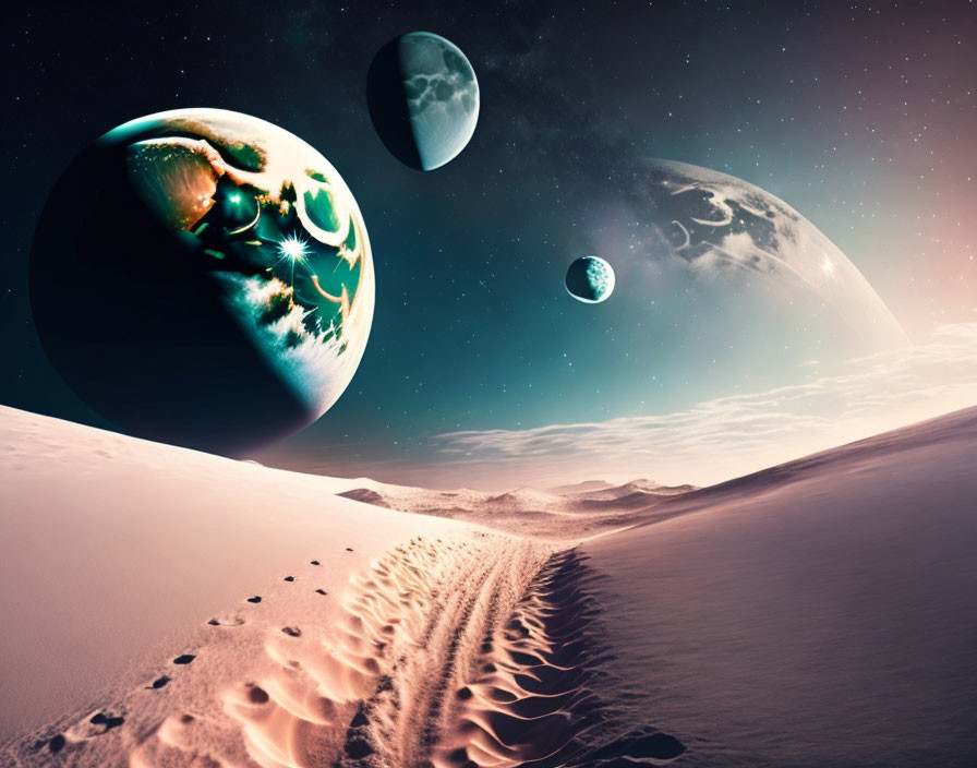 Surreal cosmic landscape with multiple planets over alien terrain