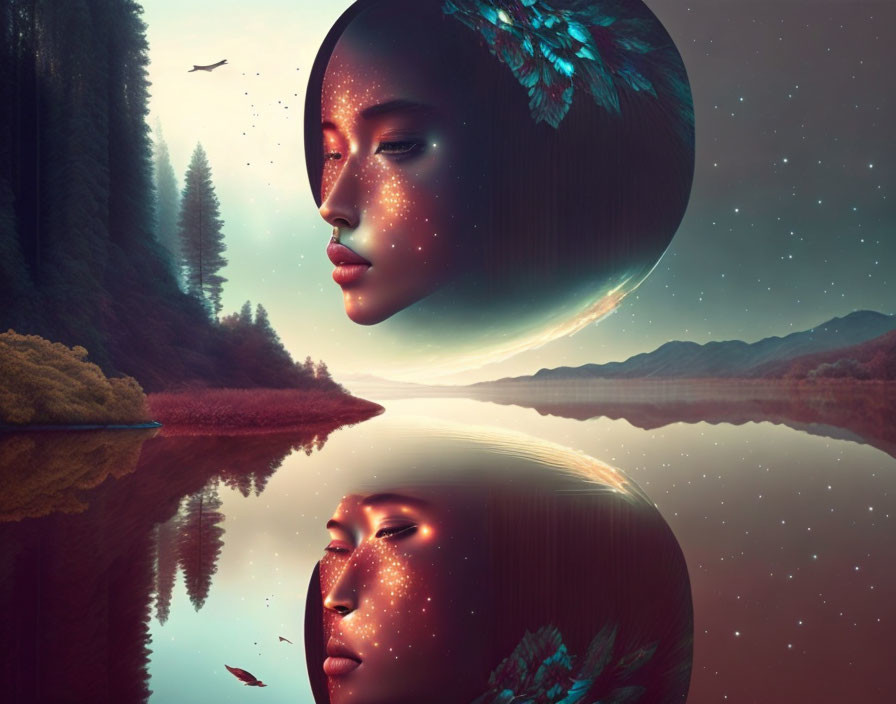 Surreal image of mirrored women's faces with stars, lake, forest, mountains at twilight