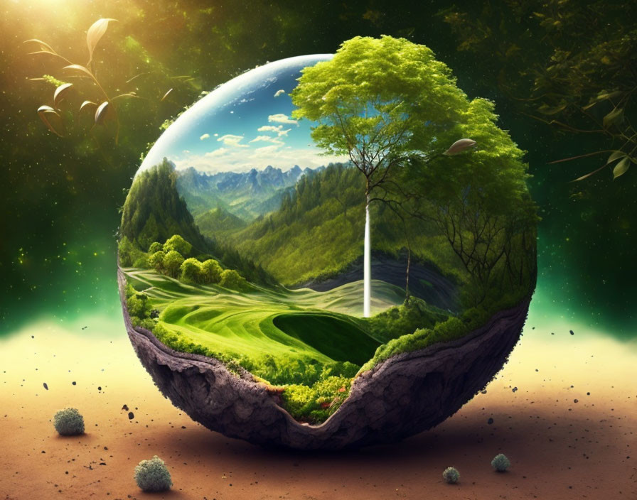 Surreal spherical ecosystem with lush greenery, tree, mountains, river, starry sky