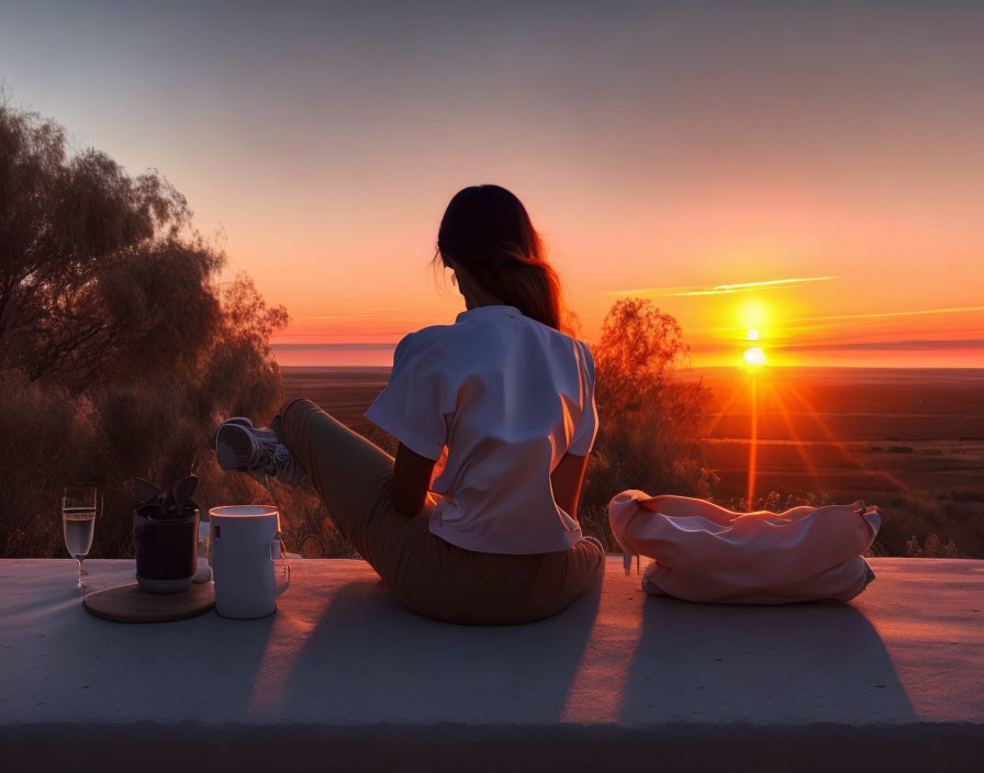 Person enjoying sunset with drink and plant in nature setting