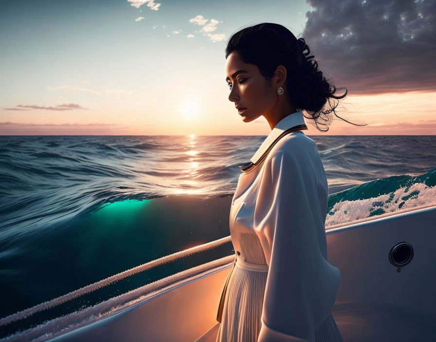 Woman in white dress on boat at sunset with ocean waves and beautiful sky