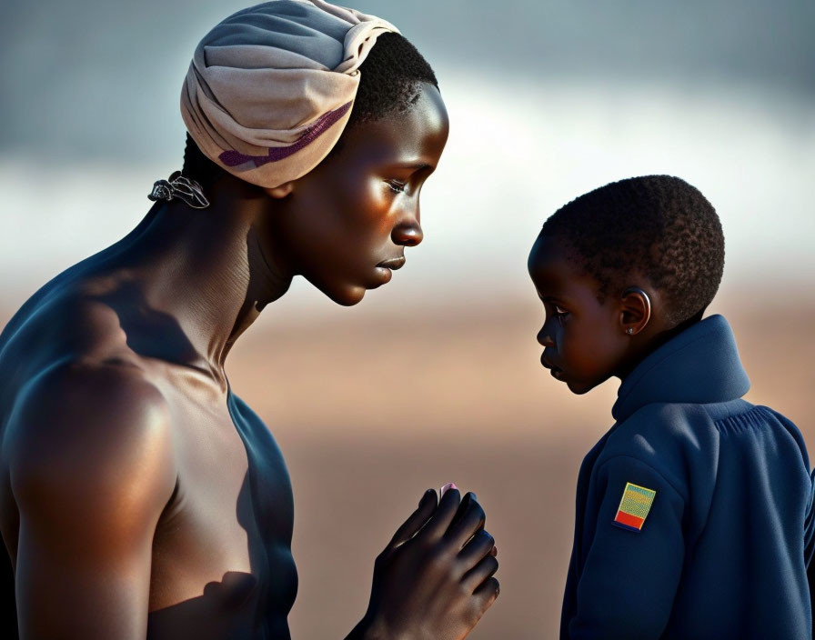 Adult and child of African descent share a tender gaze, one wearing a headscarf and the other