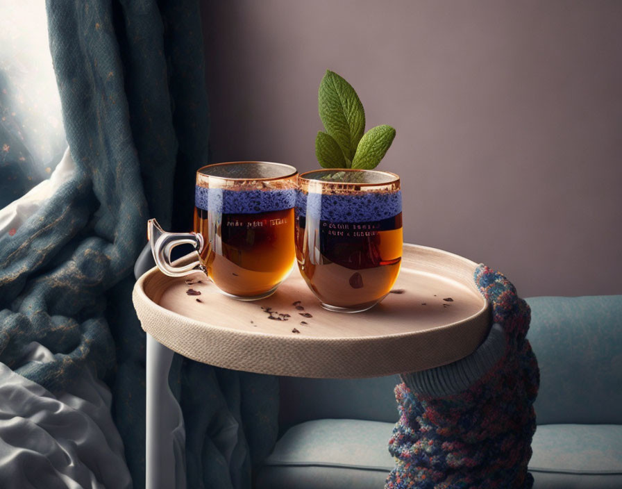 Mint tea cups on wooden tray beside cozy foot, blue curtains.