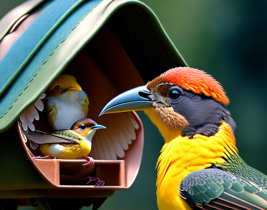 Colorful Bird with Black-Masked Face Peering into Mailbox