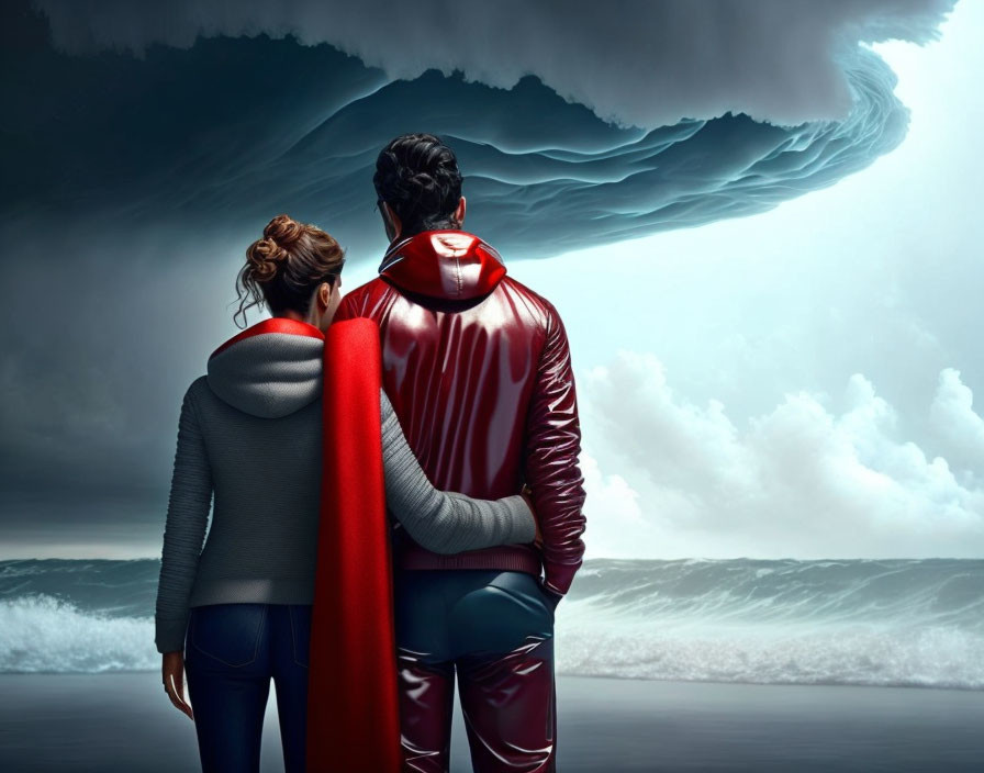 Couple facing stormy ocean with man in red cape