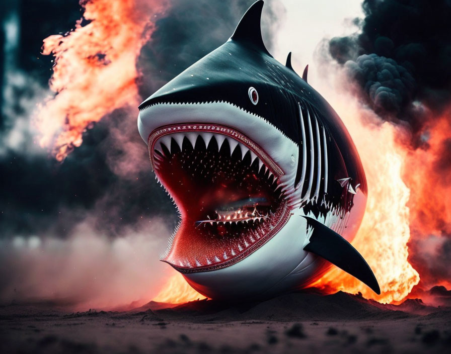 Giant shark emerges from ground with flames and smoke