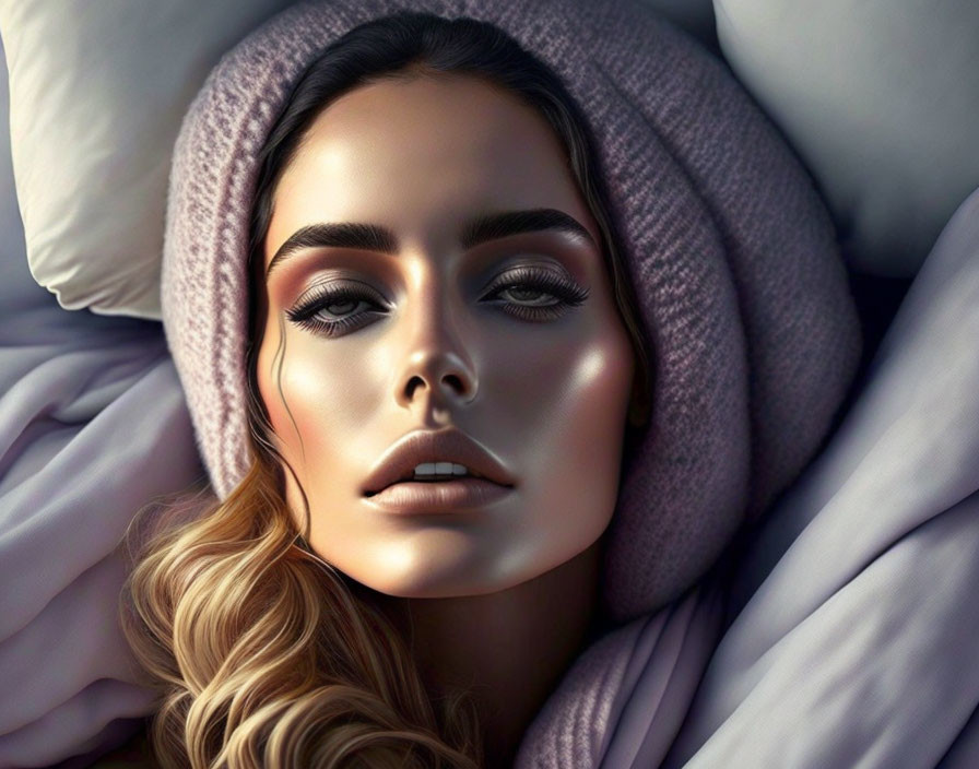 Detailed makeup woman in plush bedding with sunlight shadows