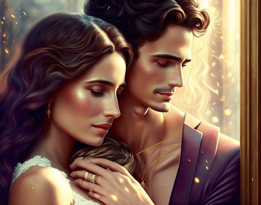 Elegant couple embracing in romantic digital art