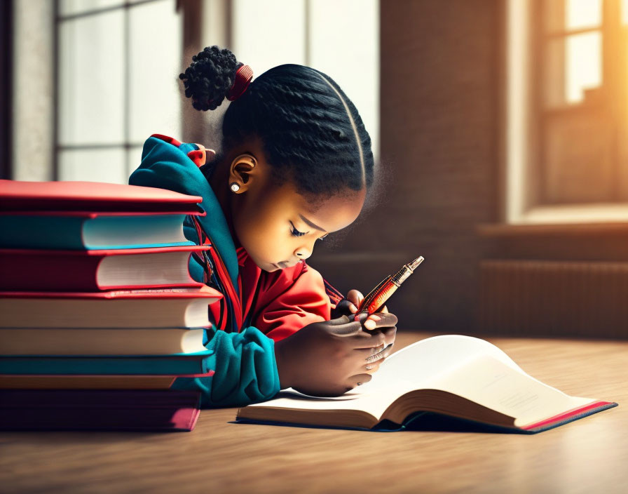 Young girl writing in notebook at desk with stack of books and sunlight.