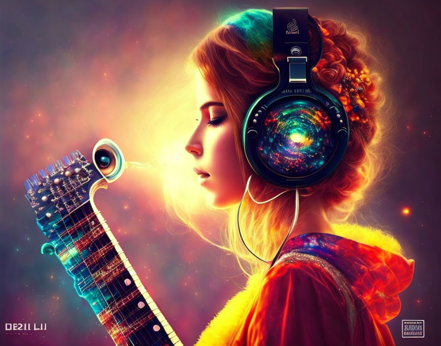 Colorful digital artwork: Woman with headphones and guitar in cosmic nebula.