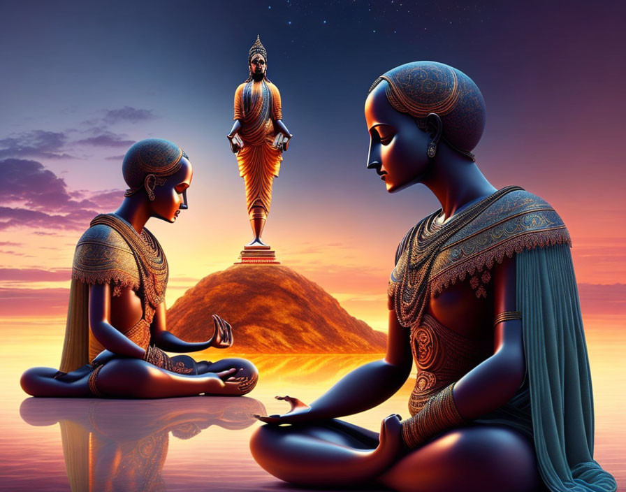 Digital artwork: Two animated characters in Indian attire performing ritual at sunset