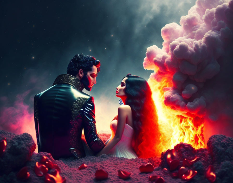 Man and woman in elaborate costumes embrace with fiery explosions and starry sky.