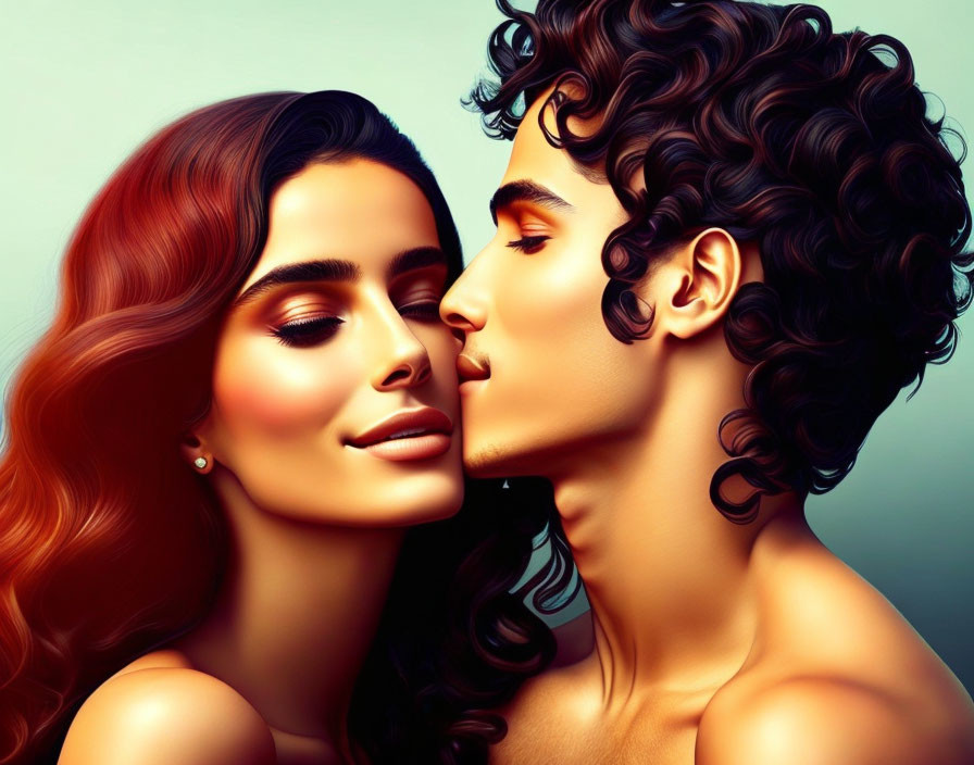 Vibrant digital artwork of a woman and man touching foreheads