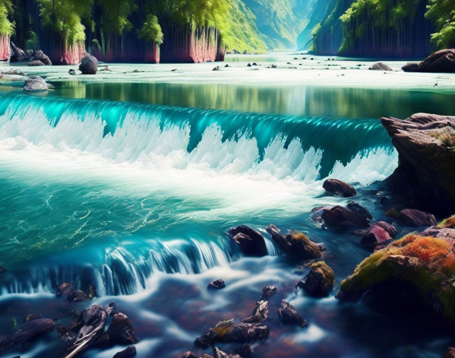 Tranquil waterfall in lush green forest with mossy rocks