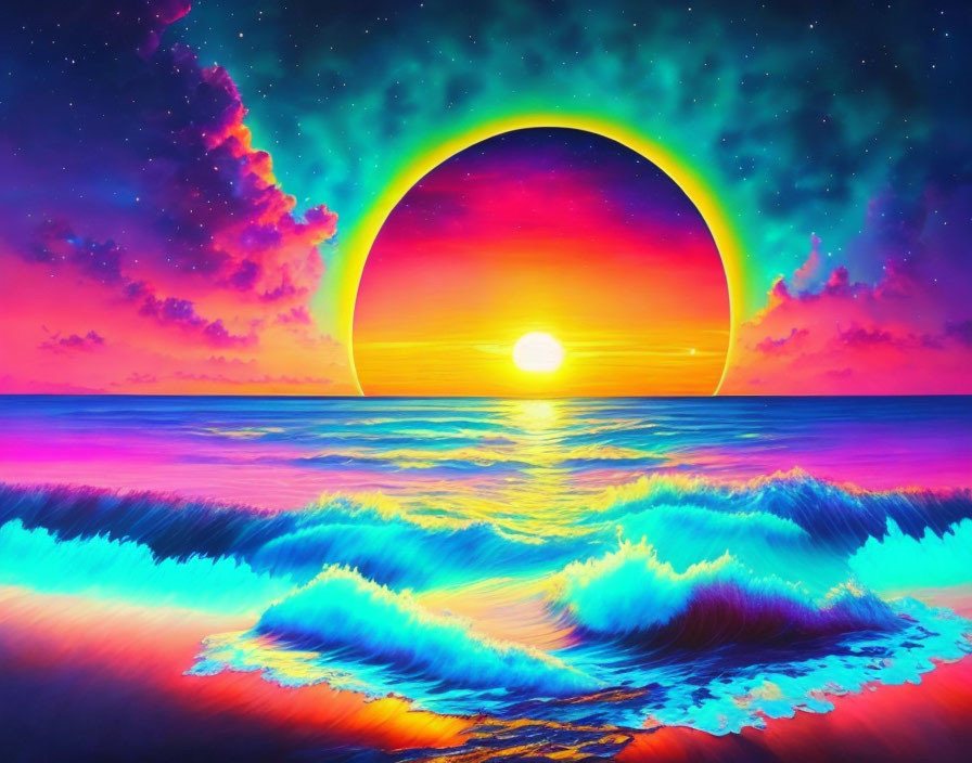 Colorful Sunset Digital Artwork with Stylized Sun & Ocean Waves