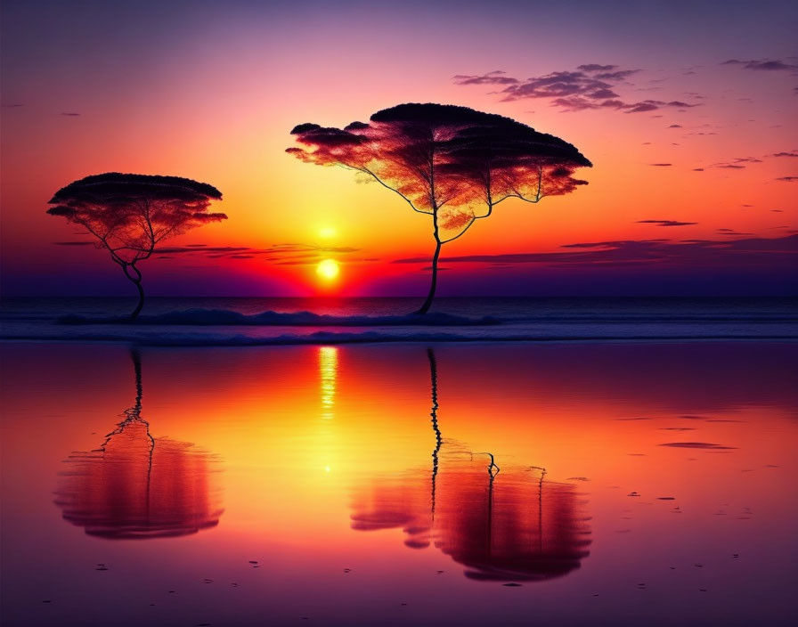 Tranquil sunset beach scene with two trees reflected in water