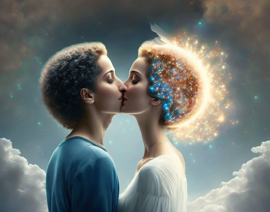 Galaxy-themed and feather-headed individuals kissing under cloudy sky