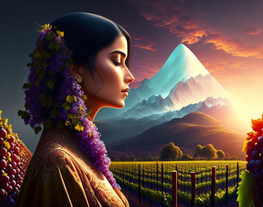 Digital artwork: Woman's profile merges with mountain landscape at sunrise