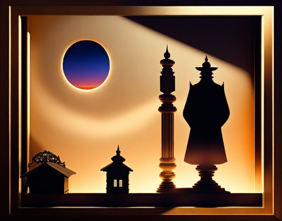 Chess Pieces Silhouetted Against Solar Eclipse in Gold Frame