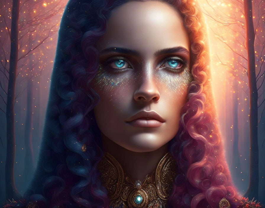 Digital portrait of woman with blue eyes, purple hair, glitter makeup, and golden jewelry in forest setting