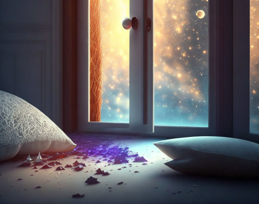 Enchanting nighttime scene with open door, starry sky, glowing silhouette, and luminescent