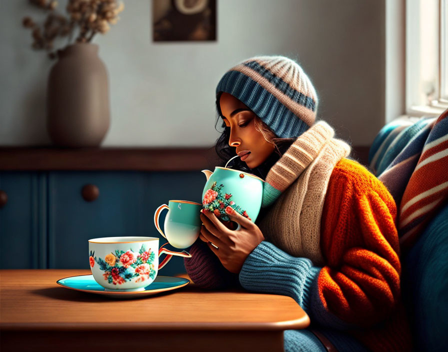 Woman in cozy sweater and beanie sips from large floral cup in soft indoor lighting