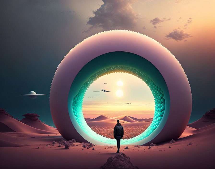 Surreal circular portal in desert landscape with flying saucer