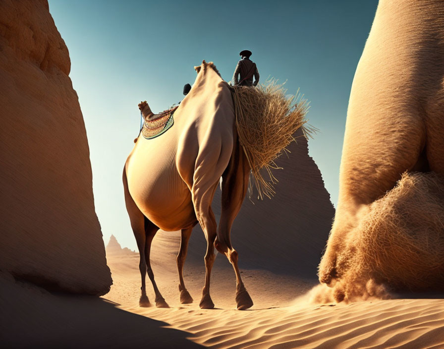 Person riding camel with hay between sand formations in desert.