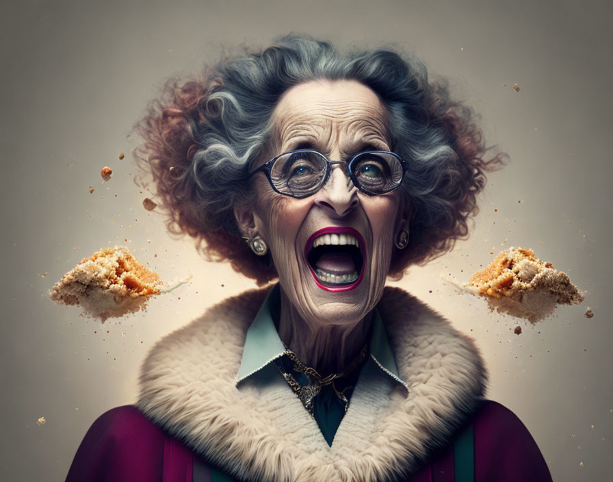 Elderly Woman with Glasses and Curly Hair Surrounded by Exploding Cake