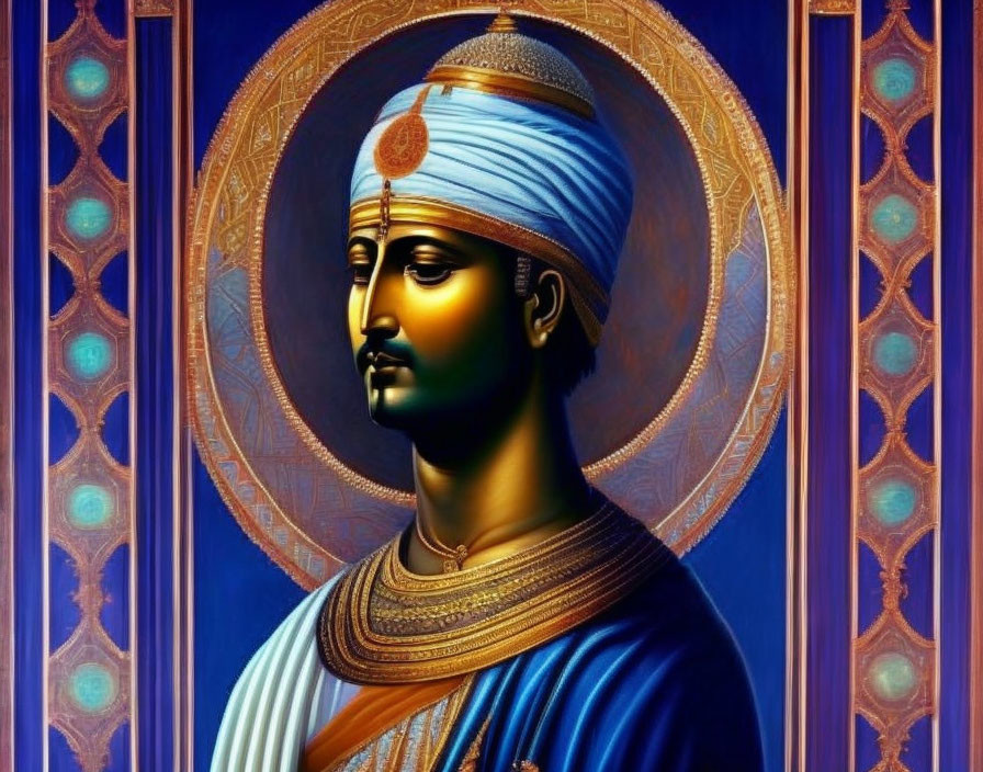 Regal Figure in Traditional Attire Against Blue and Gold Background