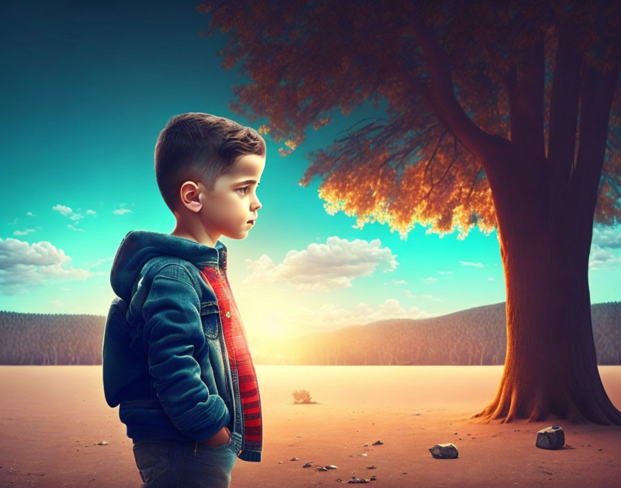 Young boy in denim jacket gazes at sunset in desert landscape