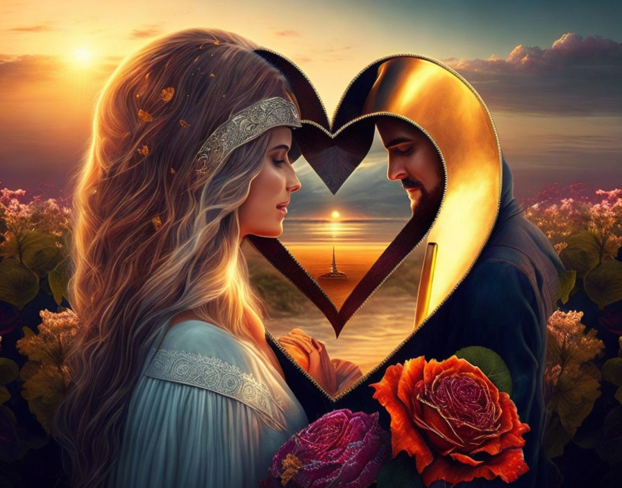 Romantic digital artwork of couple gazing through heart frame