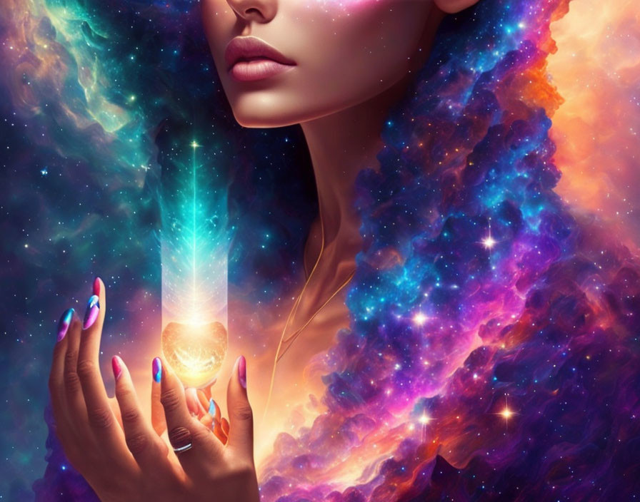 Digital artwork: Woman with cosmic background and glowing feather