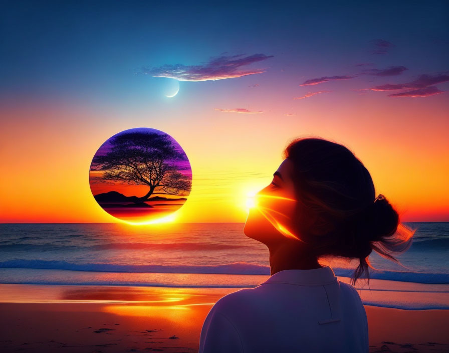 Woman admiring vibrant sunset over ocean in circular frame with serene twilight scene.