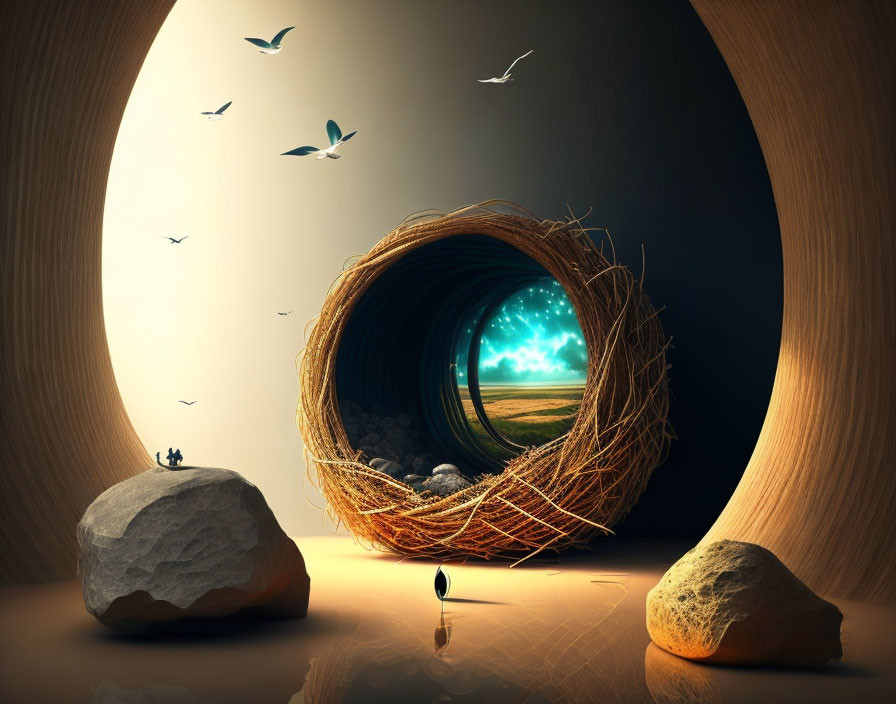 Surreal landscape featuring large bird's nest tunnel to starry sky surrounded by rocks and flying birds