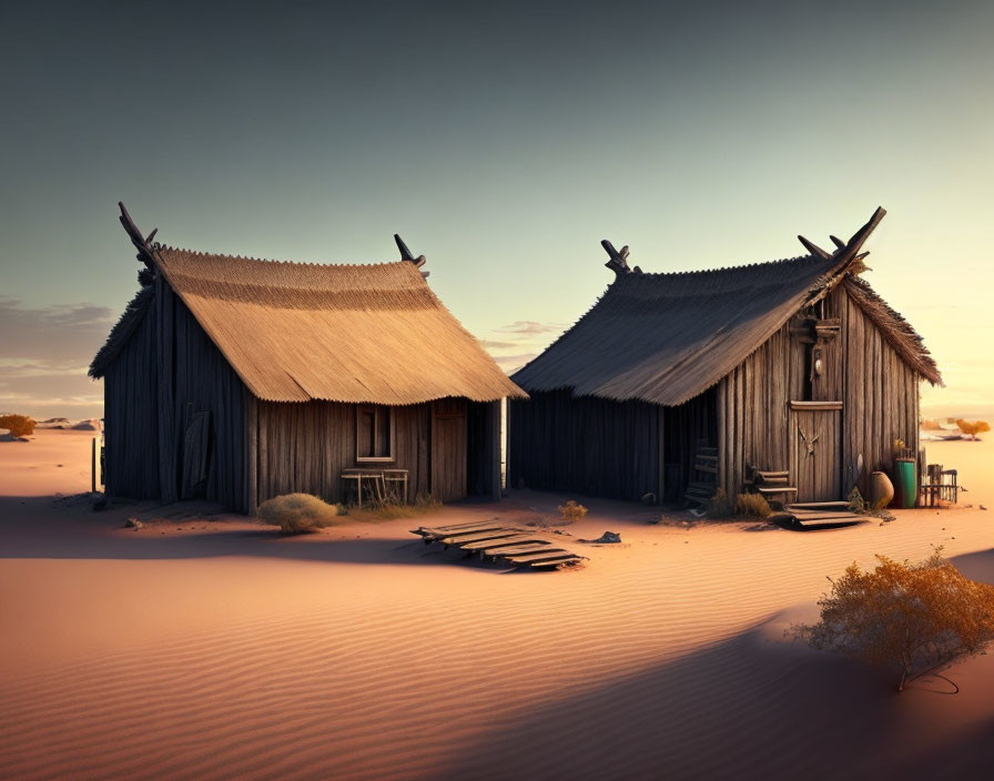 Old wooden huts in sand dunes at sunset with desert landscape